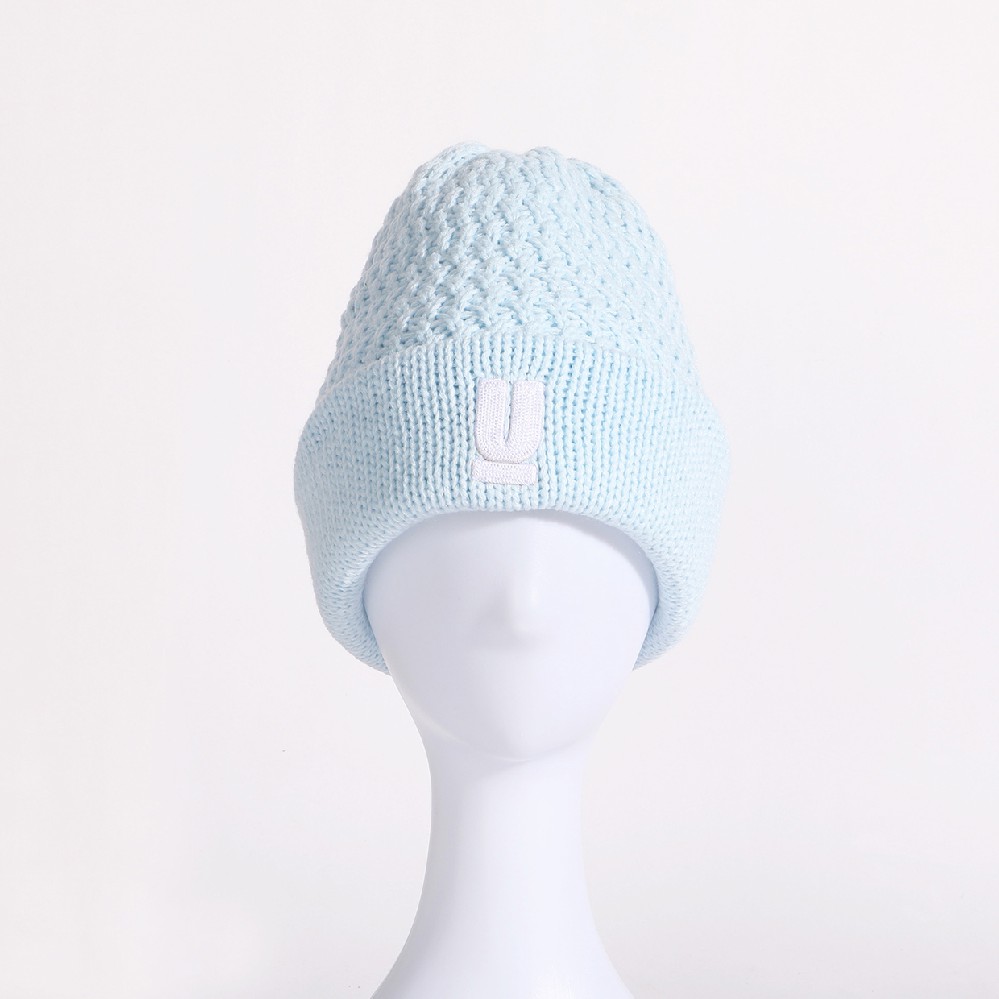 WOMAN SKY BLUE JACQUARD CHUNKY KNIT BEANIE HAT WINTER WARM KNITTED HATS