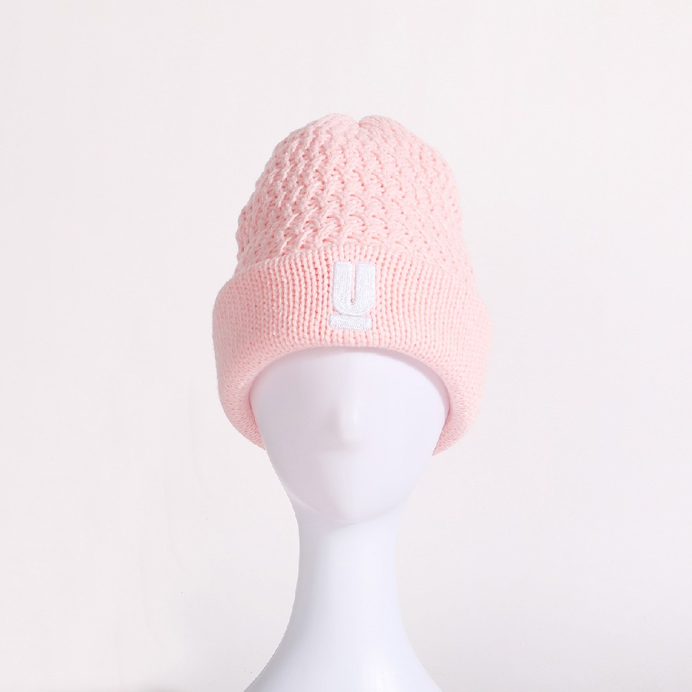 WOMAN PINK JACQUARD CHUNKY KNIT BEANIE HATS WINTER WARM KNITTED HATS