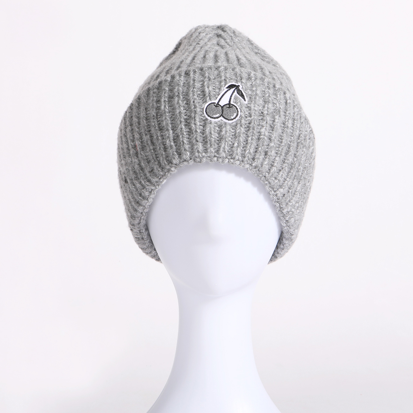 Heather Grey   Chunky Knit Beanie Hat with EMB / Winter Warm hats